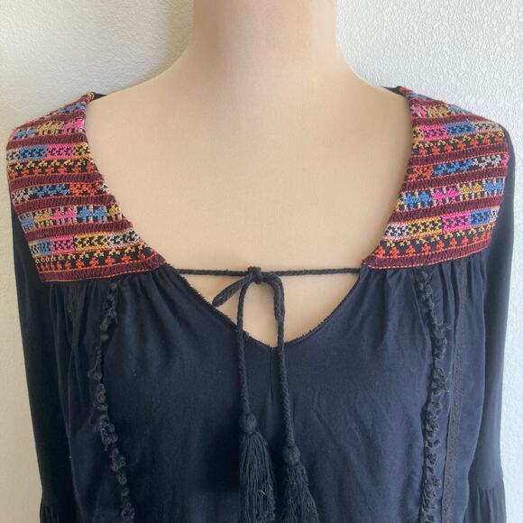 Billabong Peasant Tunic Top Black S / P Embroidery Bell Sleeve Boho Baja Folk - Picture 4 of 12